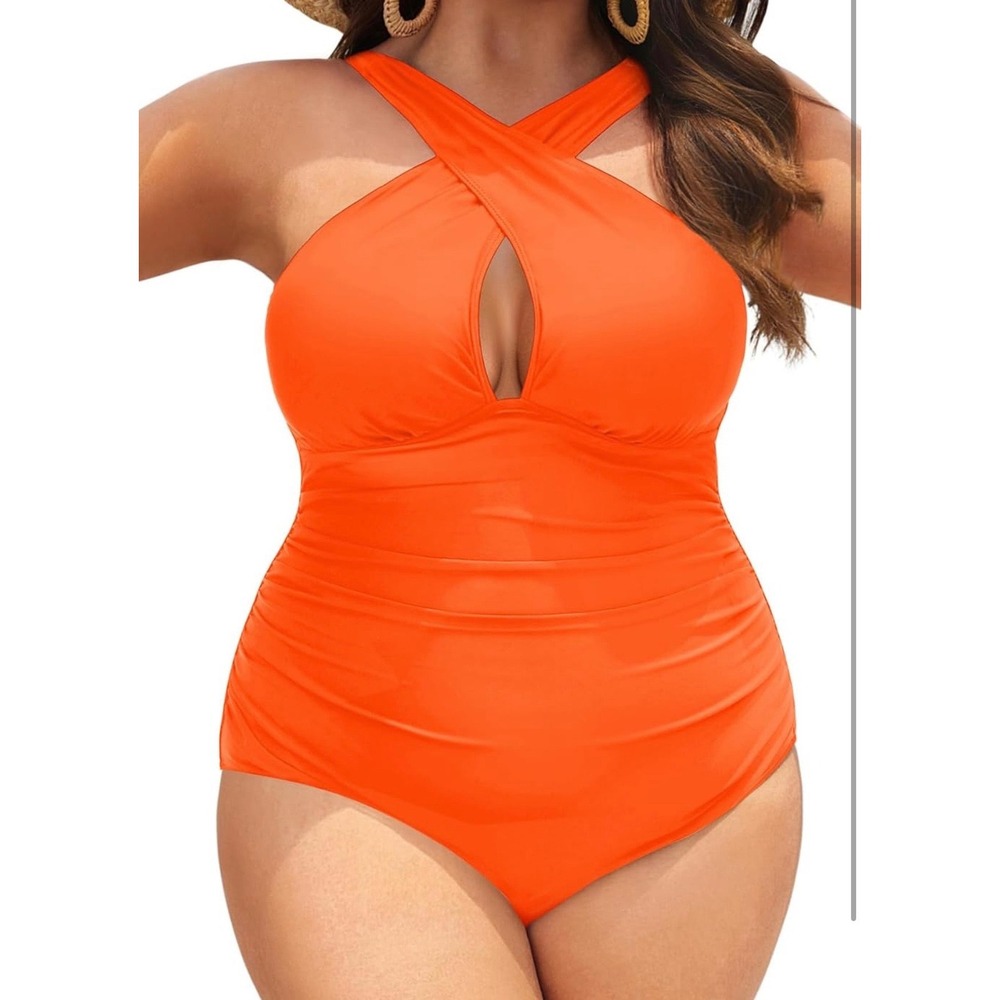 Daci Women Orange Halter One Piece Swimsuit Ruched Tummy Control Keyhole Cutout
